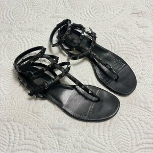VALENTINO Rockstud Caged Gladiator Sandal Black Calfskin Leather Platinum 40